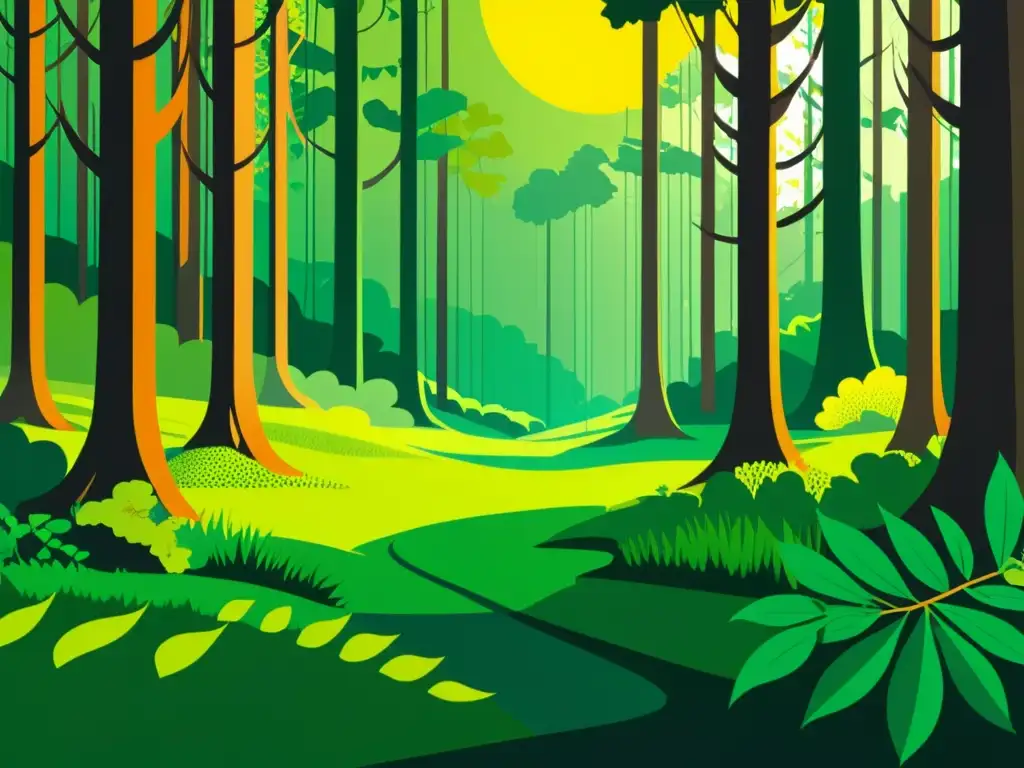 Una ilustración minimalista de un exuberante bosque verde con una flora y fauna vibrante y diversa