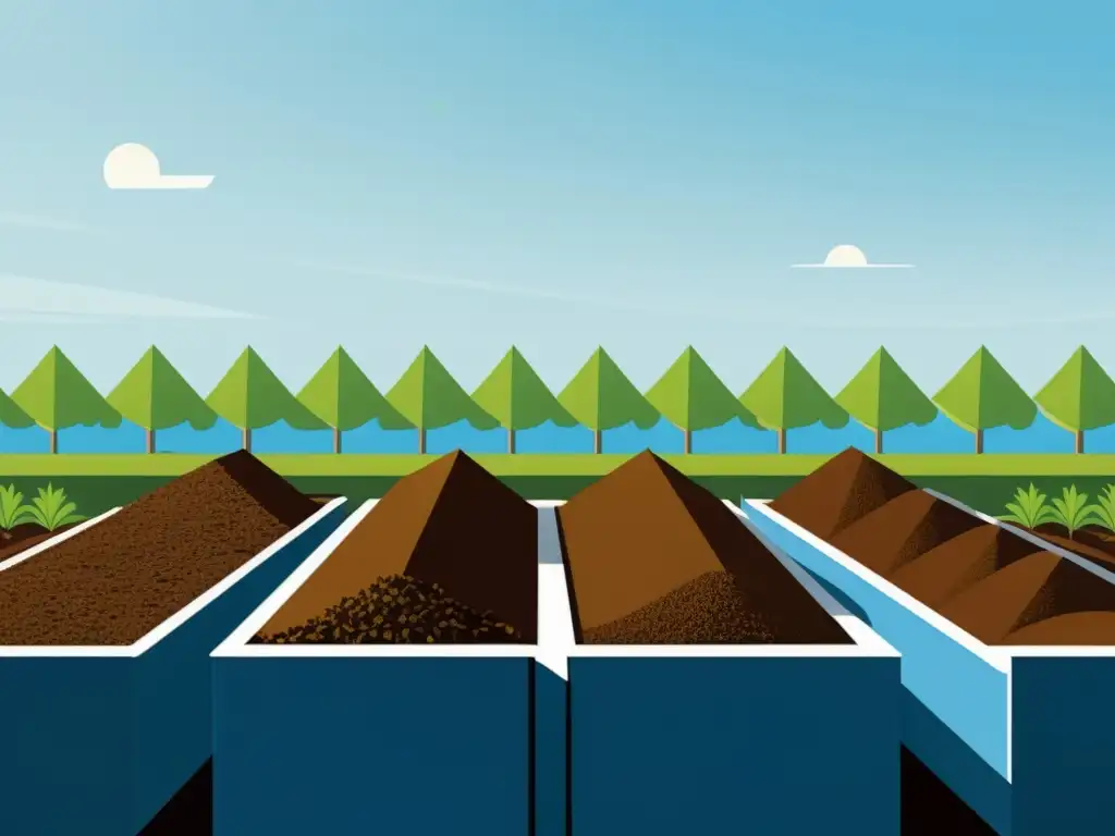 Una ilustración minimalista de una instalación de compostaje con pilas de compost organizadas, rodeada de exuberante vegetación y cielo azul