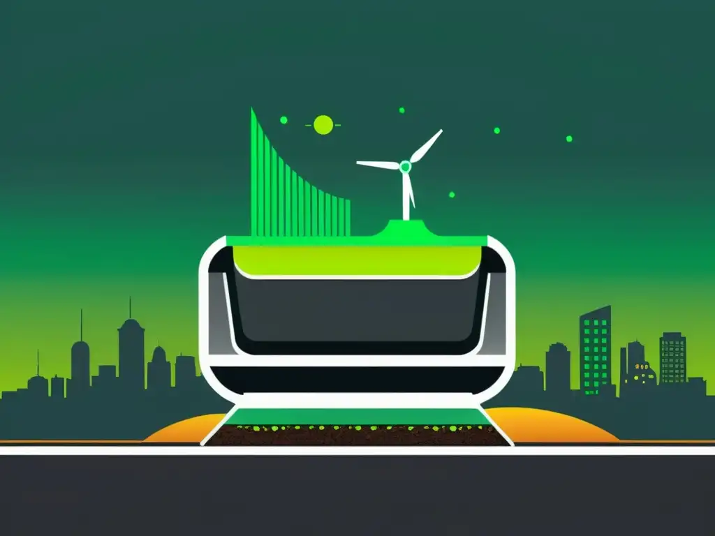 Una ilustración minimalista de una máquina futurista de compostaje, con detalles metálicos y luces verdes brillantes