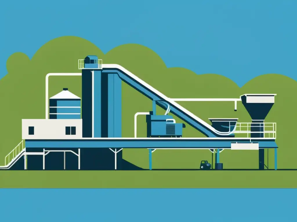 Una ilustración minimalista de una moderna planta de reciclaje rodeada de exuberante vegetación y cielos despejados, enfatizando la sostenibilidad y armonía ambiental