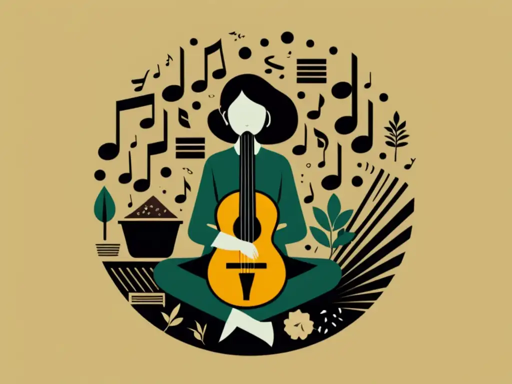 Una ilustración minimalista de una persona rodeada de notas musicales y desechos orgánicos, con composteras e instrumentos musicales en el fondo