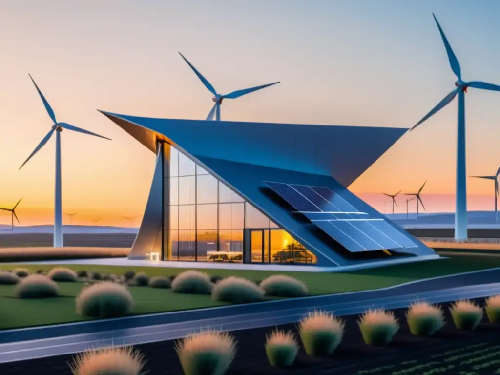Una ilustración minimalista de una planta de reciclaje futurista con arquitectura angular y fuentes de energía renovable integradas