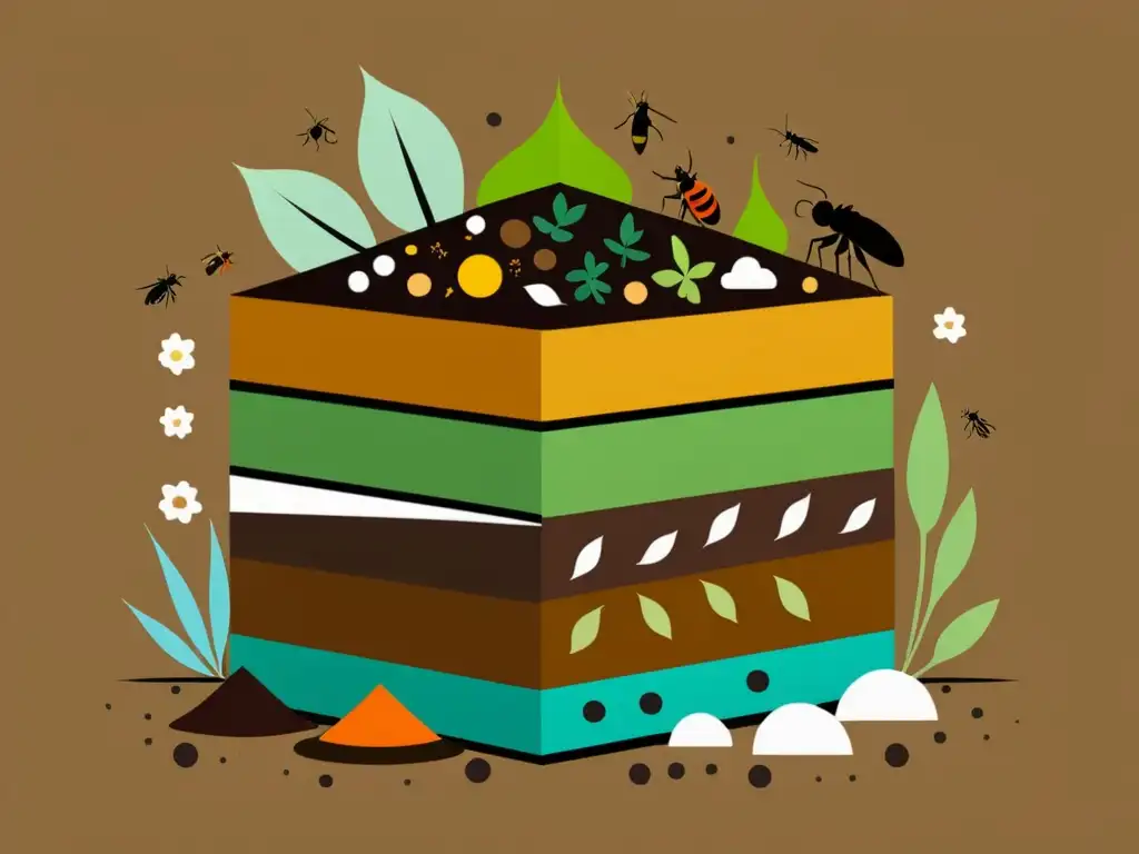 Una ilustración minimalista de un vibrante montón de compost, rodeado de pequeños insectos beneficiosos y microorganismos, con colores terrosos que transmiten armonía