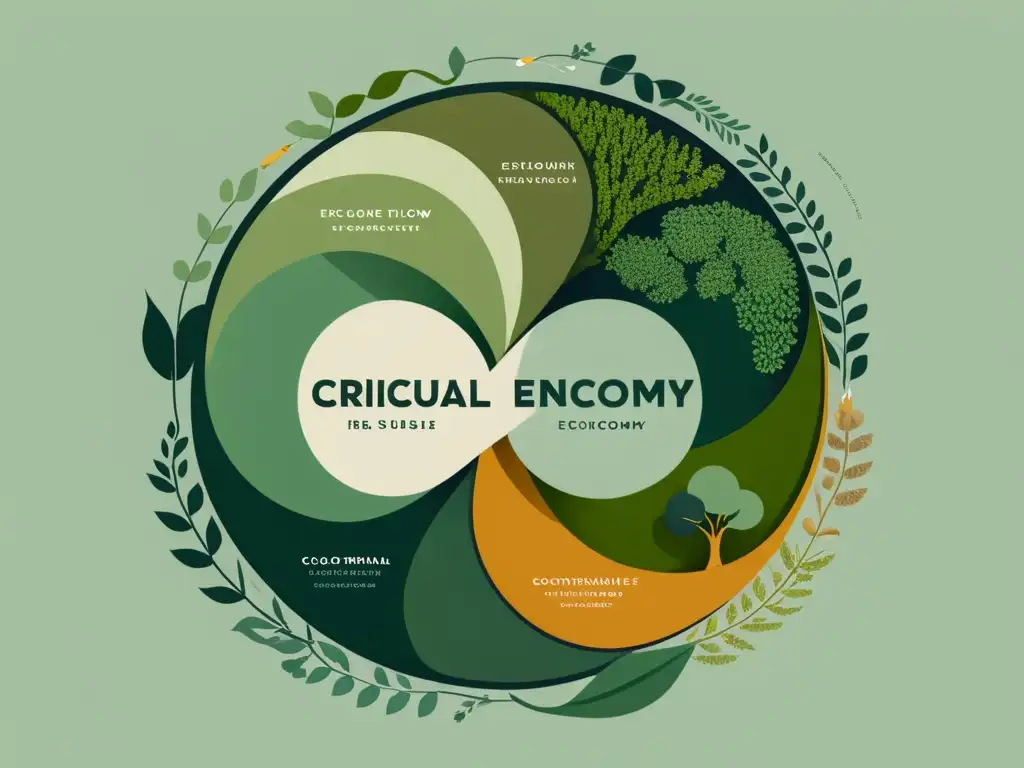 Una ilustración serena y minimalista de la evolución del concepto reciclaje, con elementos naturales entrelazados en un flujo sostenible de materiales y energía