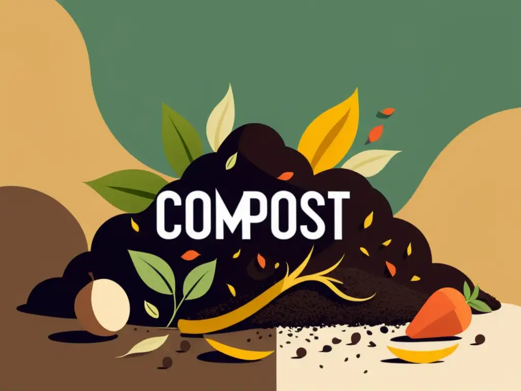 Una ilustración serena y minimalista de un montón de compost rodeado de materiales orgánicos, con luz solar filtrándose a través del follaje