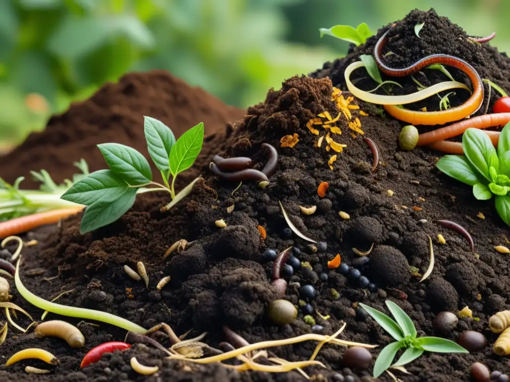 Imagen de alta resolución del proceso de madurez del compost en casa, con capas de materia orgánica y microorganismos trabajando en la descomposición