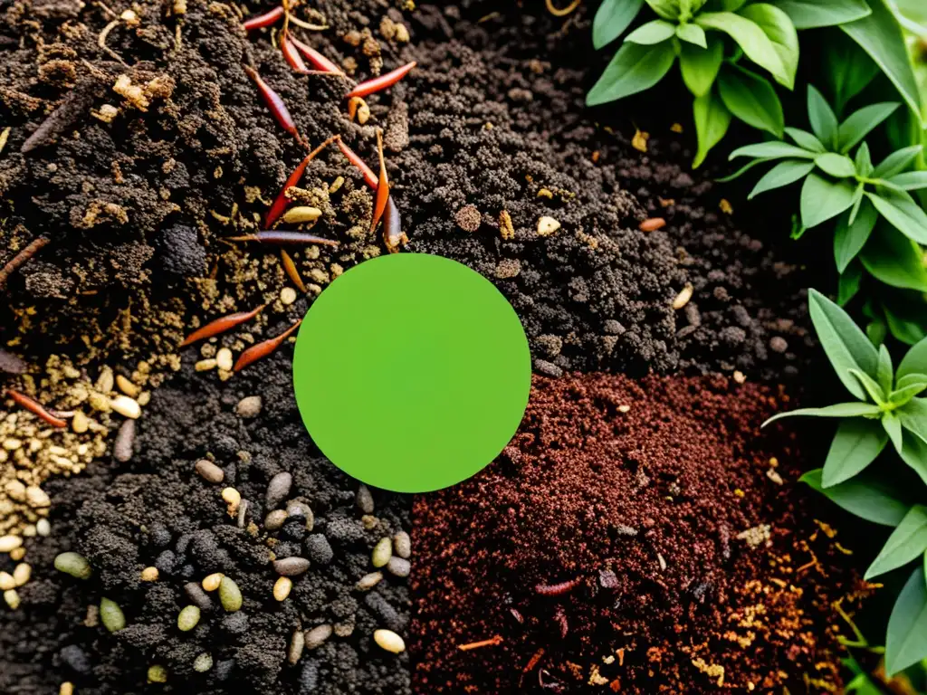 Imagen de alto detalle de un pequeño montón de compost en un jardín, destacando el proceso de descomposición y los indicadores de compostaje doméstico