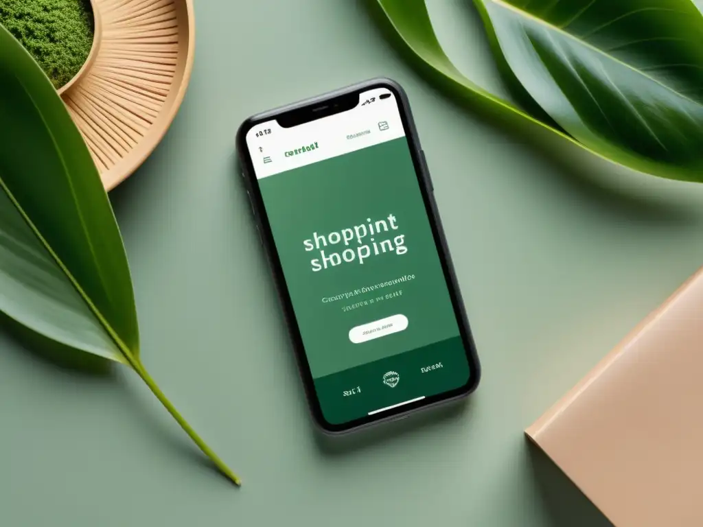 Imagen de una app de compras sostenibles en un smartphone, con diseño minimalista y tonos naturales, en un entorno armonioso