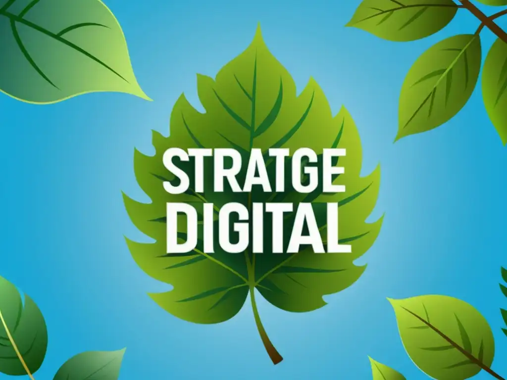 Imagen de un bosque exuberante y cielo azul con el logo de una hoja verde entrelazada con las letras 'Estrategias de Marketing Digital para Posicionar tu Marca Ecológica', transmitiendo calma y ecoamigabilidad