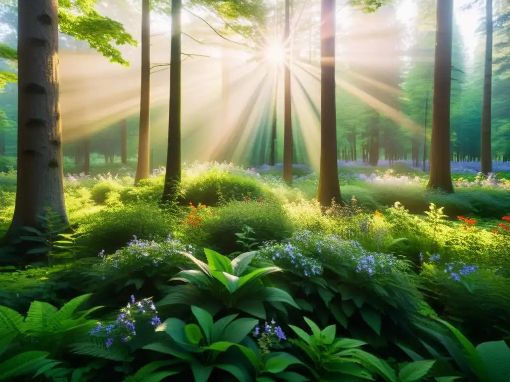 Imagen de un bosque exuberante con luz solar filtrándose entre las hojas