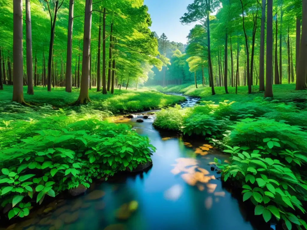 Imagen de un bosque prístino y virgen con exuberante follaje verde y un cielo azul claro