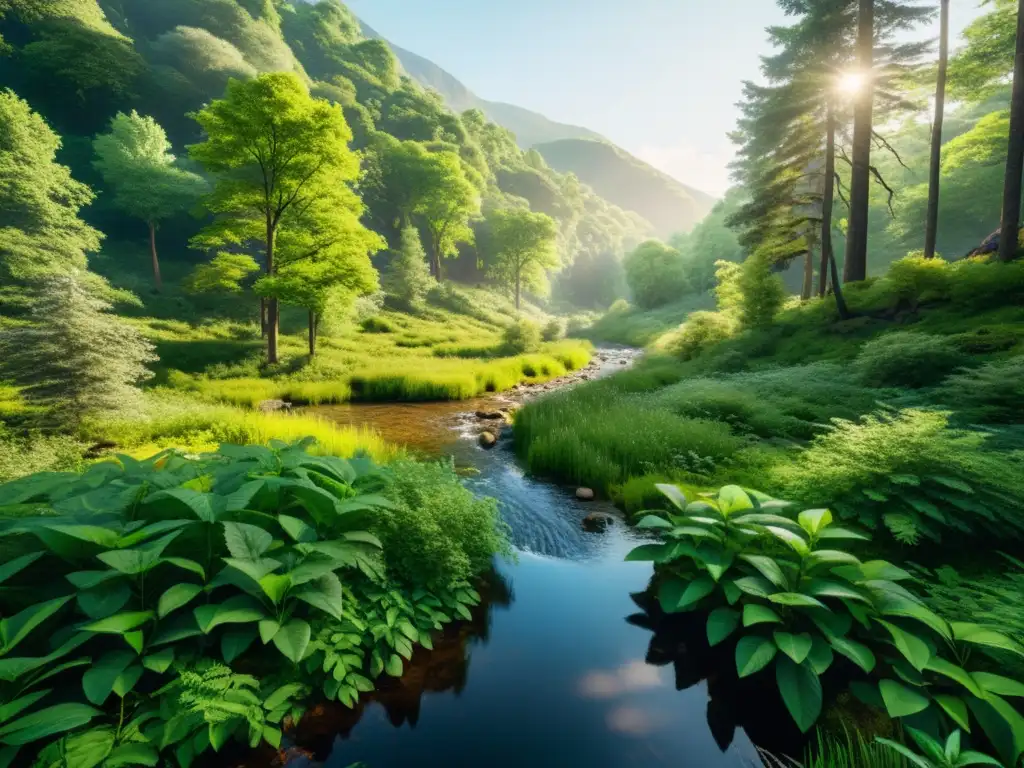 Imagen de un bosque sereno e intacto, con árboles frondosos, un arroyo cristalino y una atmósfera natural