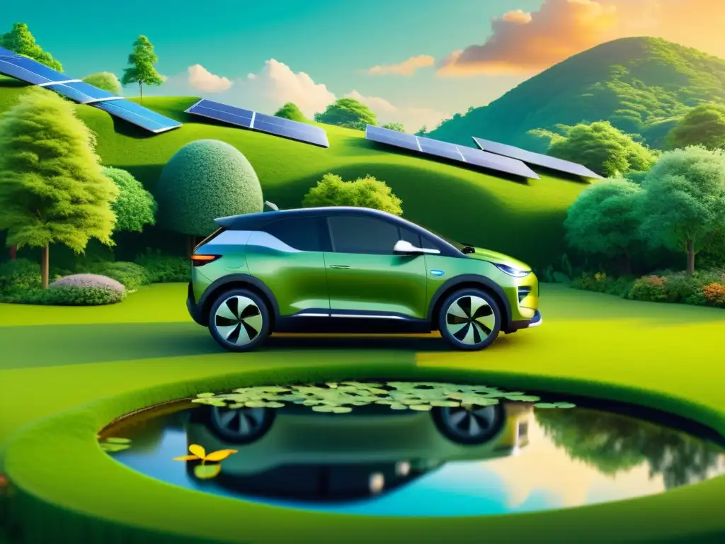 Imagen de un bosque sostenible con productos integrados, como un coche eléctrico y paneles solares, que irradia armonía y creatividad