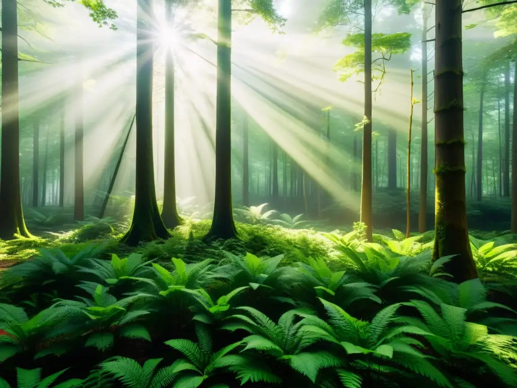 Imagen de un bosque sostenible con rayos de sol filtrándose a través de la frondosa vegetación, representando la responsabilidad social corporativa en marketing verde