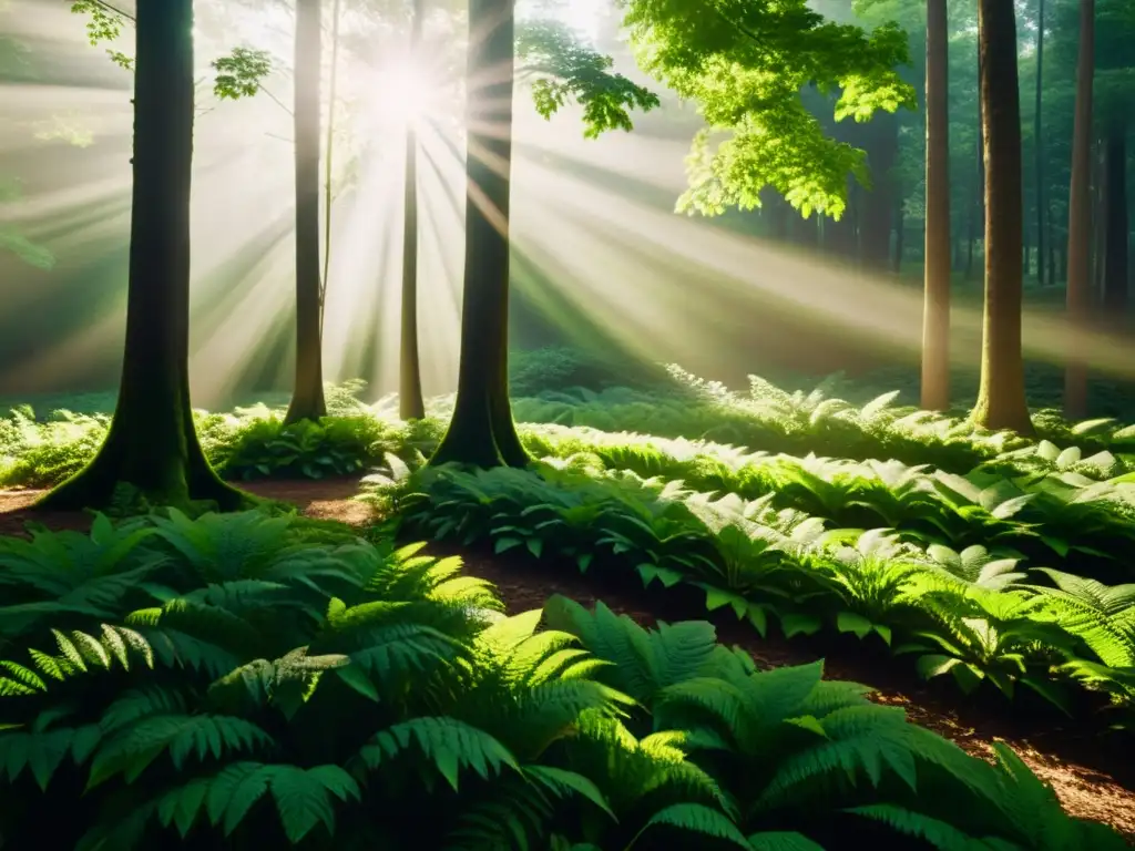 Imagen de un bosque verde exuberante con luz solar filtrándose entre las hojas, creando sombras moteadas en el suelo