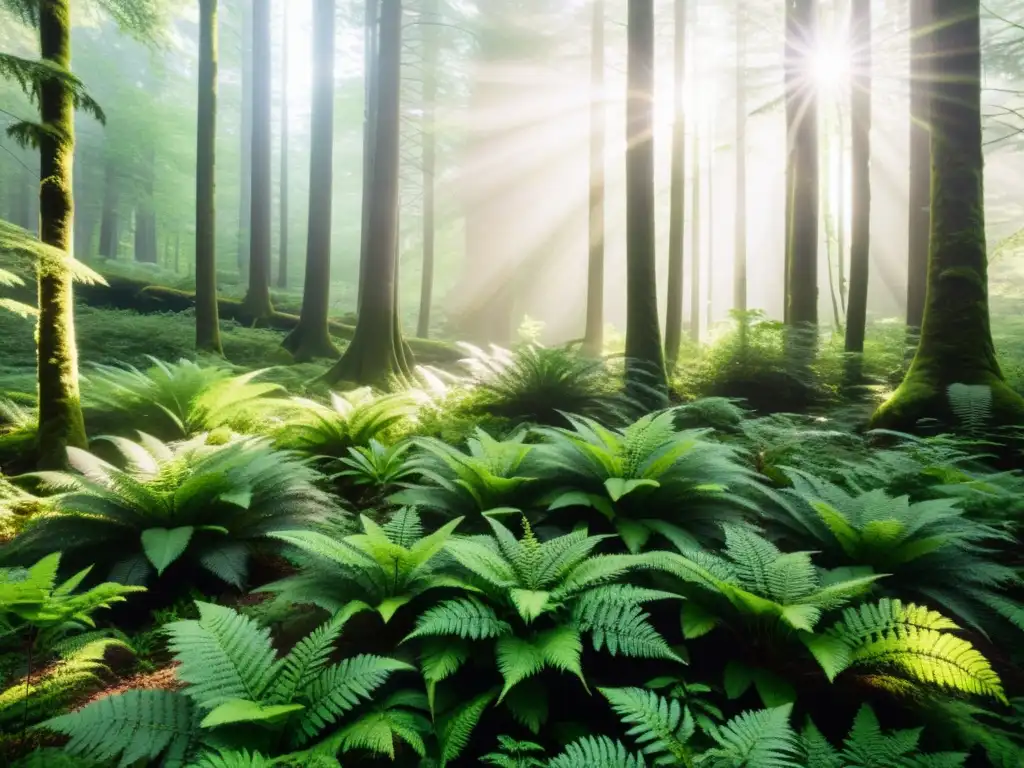 Imagen de un bosque verde sereno con luz solar filtrándose entre las hojas, creando sombras en el suelo