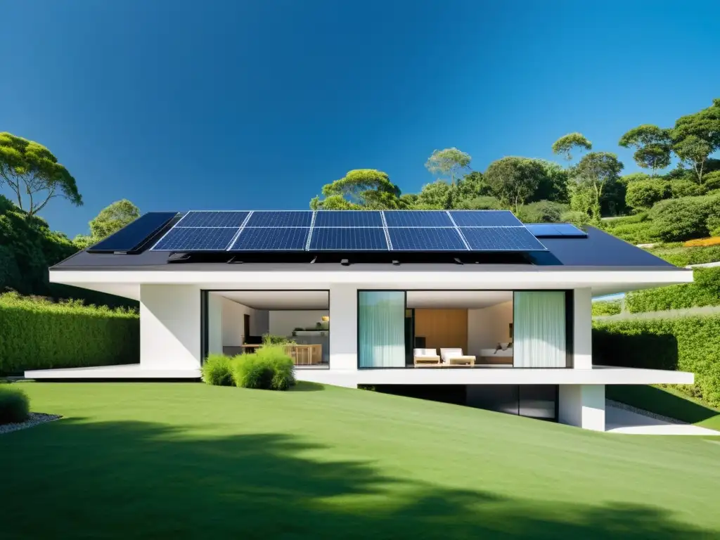 Imagen de una casa moderna con paneles solares integrados en el techo, rodeada de vegetación exuberante y cielos azules