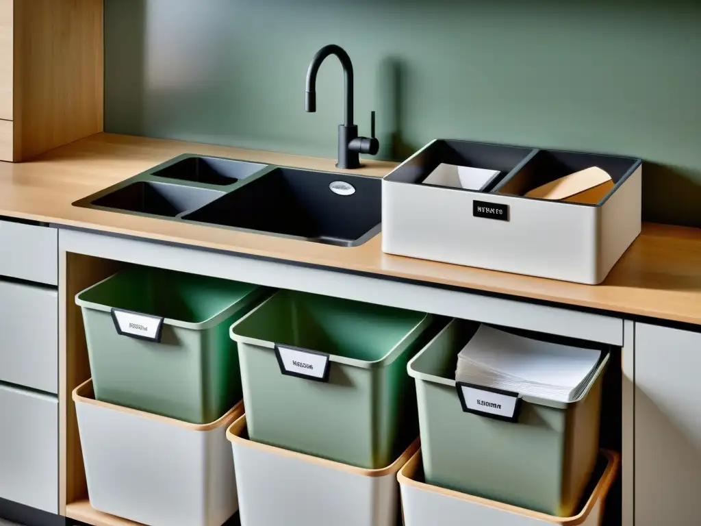 Imagen de una cocina moderna con separación de residuos, mostrando un enfoque práctico y elegante para la gestión de desechos en el hogar