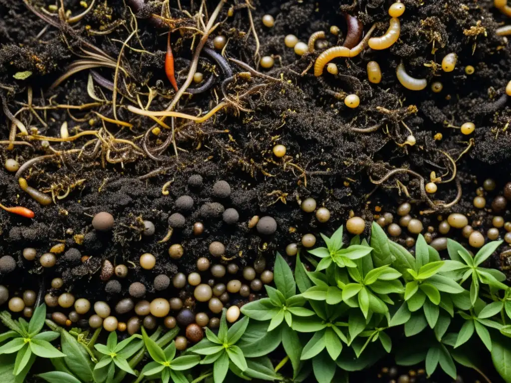 Imagen de compost oscuro y rico, rebosante de vida y biodiversidad en el suelo, mostrando los beneficios del compostaje