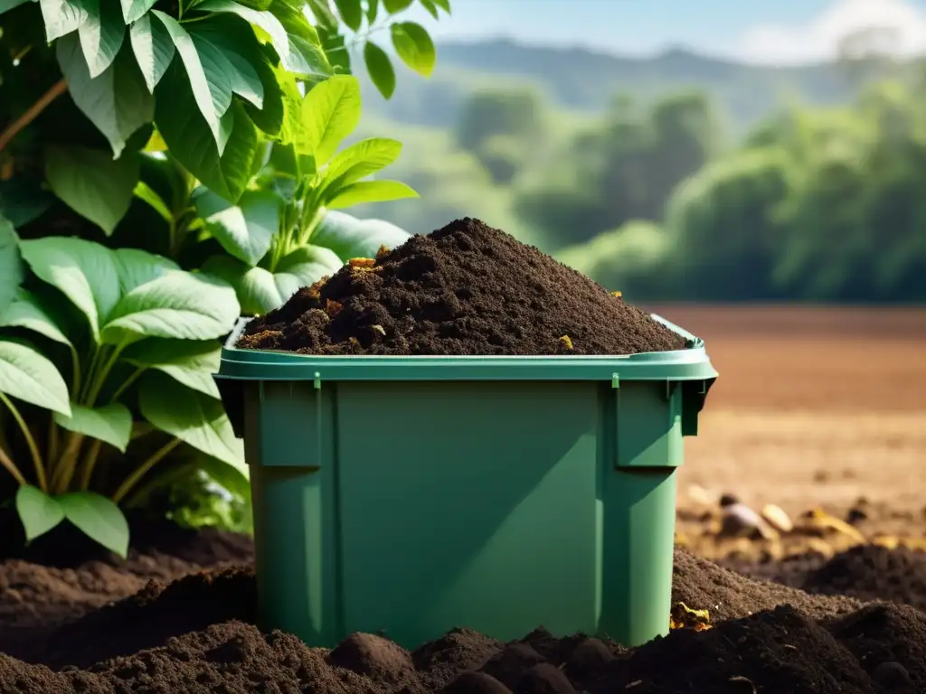 Imagen de un compostaje avanzado, mostrando técnicas para reducir la huella ecológica mediante la creación de suelo rico en nutrientes