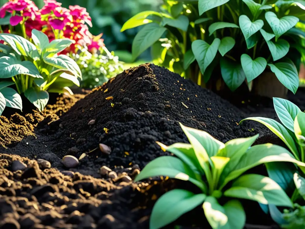 Imagen de compostaje casero en jardín próspero con plantas verdes y flores coloridas