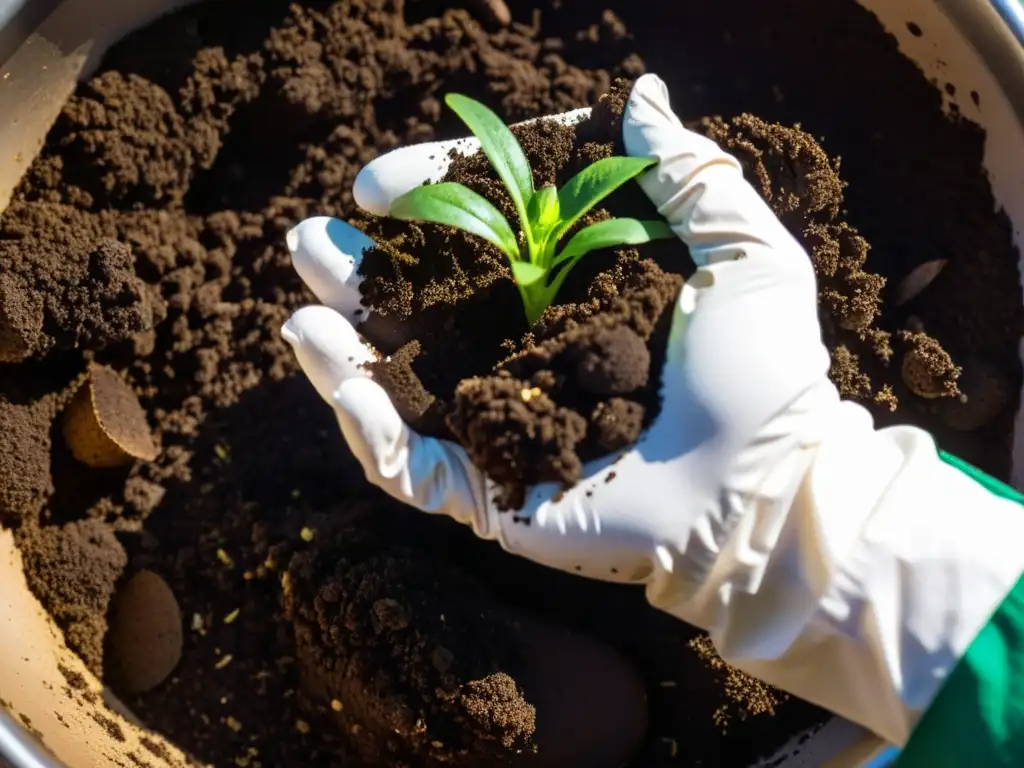 Imagen de compostaje en macetas, mostrando cuidadosa mezcla de compost oscuro en tierra, reflejando prácticas de jardinería sostenible en el hogar