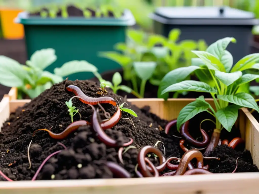 Imagen de un próspero jardín comunitario con suelo oscuro y compostaje