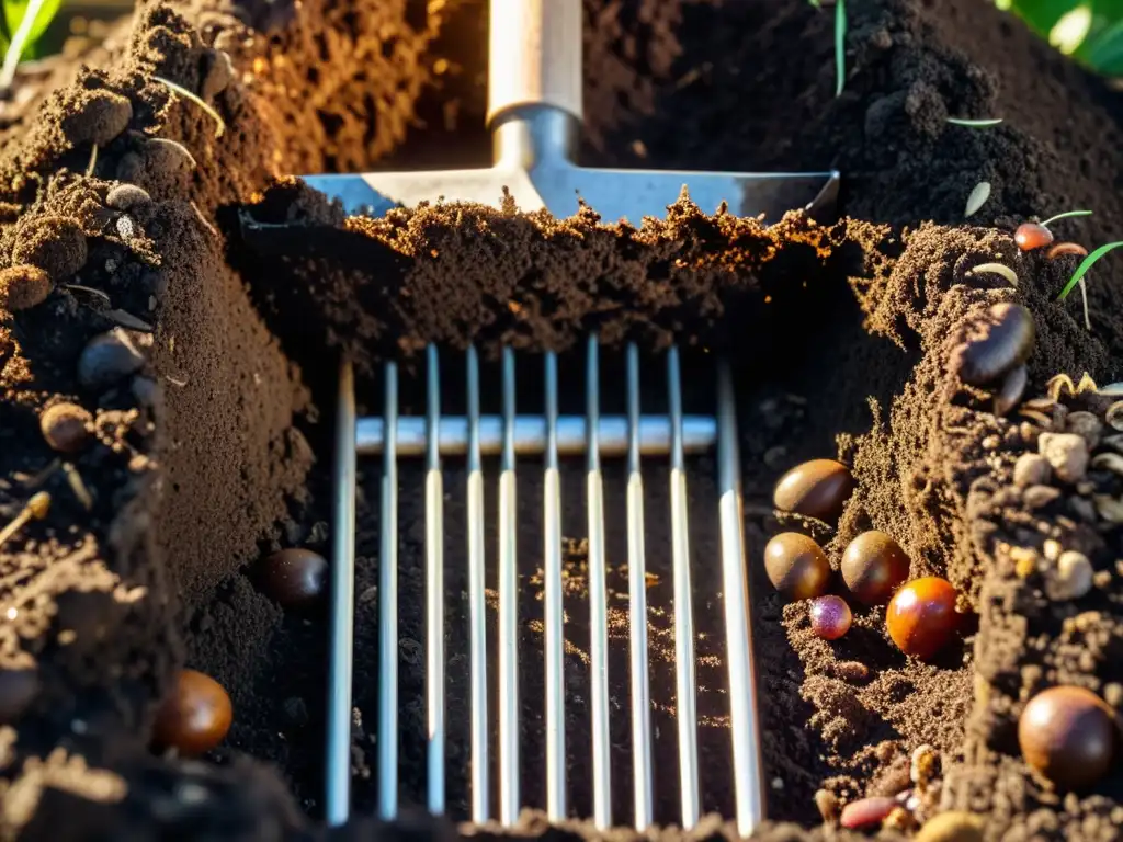 Imagen detallada de compost maduro en casa, con microorganismos, lombrices y aroma terroso