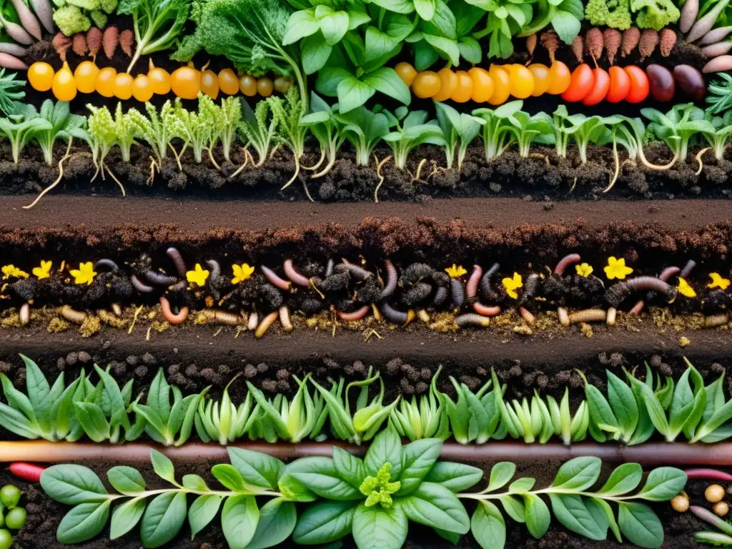 Imagen detallada de compost oscuro y vibrante, listo para plantar en un jardín orgánico