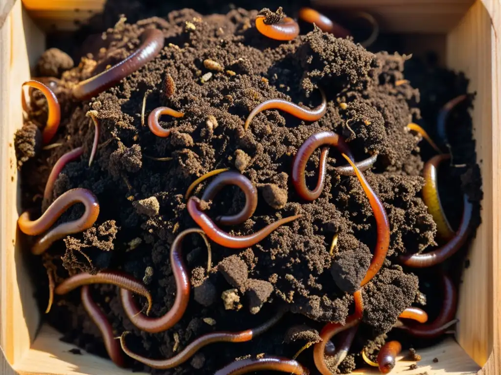 Una imagen detallada de compost oscuro y rico en descomposición, con lombrices visibles