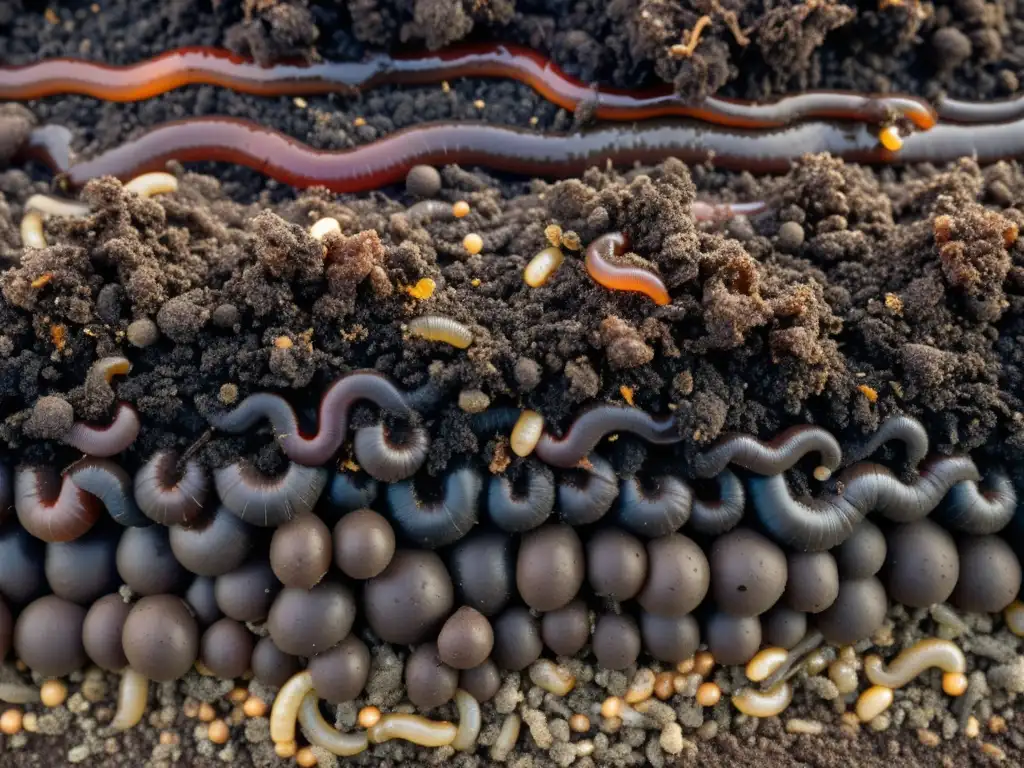 Imagen detallada de compost oscuro y fértil con lombrices y microorganismos