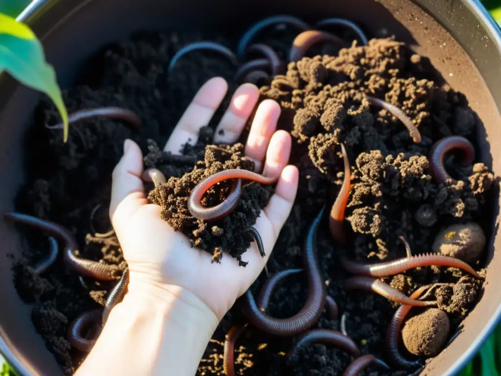 Imagen detallada de compost oscuro, rico en vida, removido por una mano humana