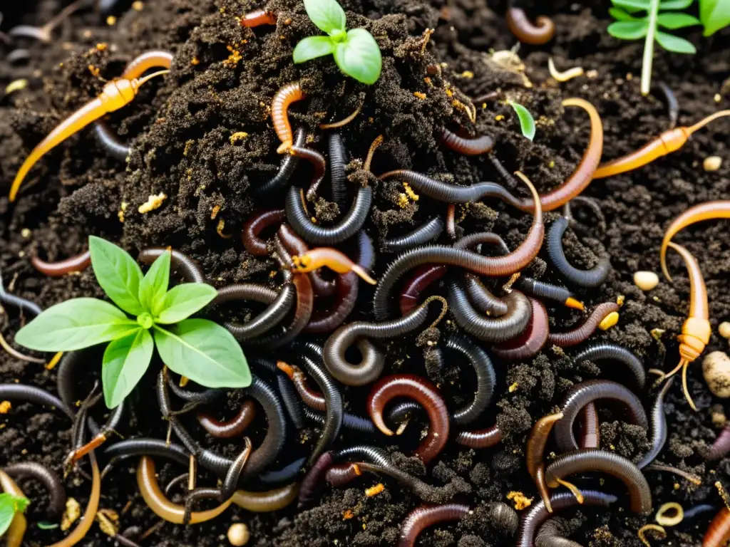 Imagen detallada de un compost saludable, con suelo oscuro y rico en microorganismos beneficiosos