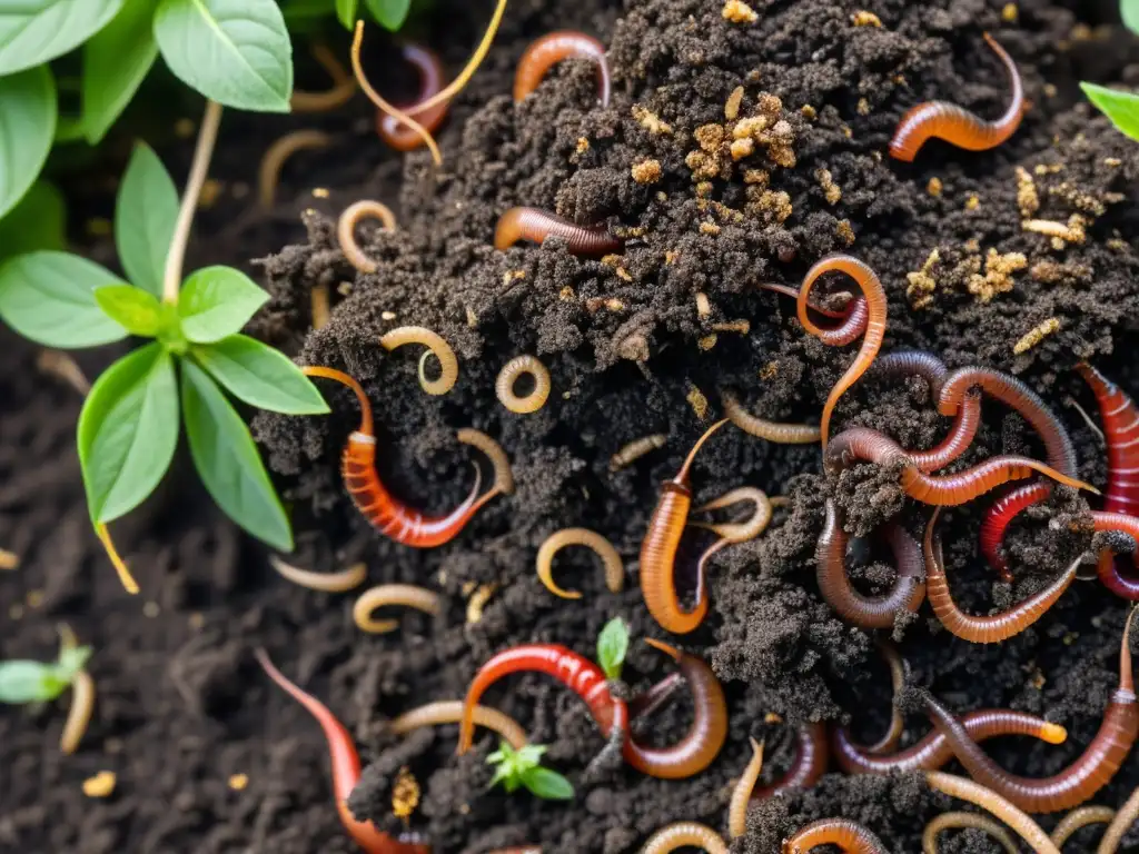 Una imagen detallada de un compostador rebosante de tierra oscura y lombrices rojas