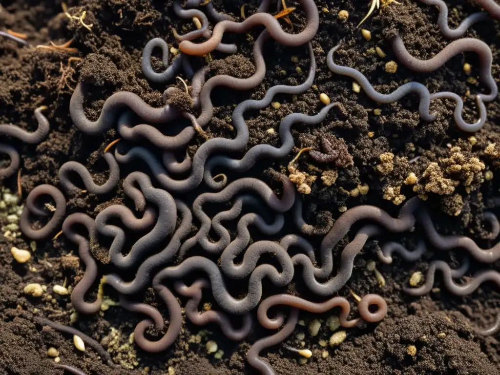 Imagen detallada de compostaje doméstico con tierra, lombrices y microorganismos beneficiosos, evocando vitalidad y abundancia