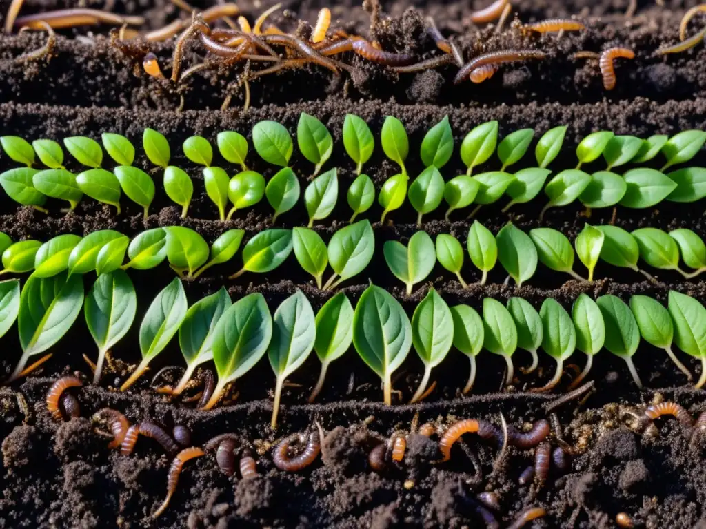 Imagen detallada de compostaje para plantas saludables con lombrices y microorganismos beneficiosos, brotes verdes en contraste con el compost oscuro