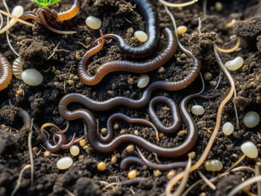 Imagen detallada de compostaje para revitalizar suelos empobrecidos, con lombrices, microorganismos y red de hongos en suelo oscuro