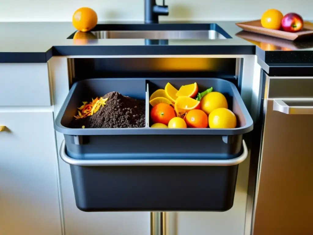 Una imagen detallada de una compostera en una cocina, con restos de alimentos organizados