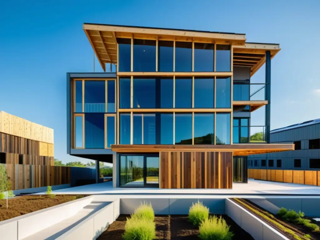 Imagen detallada de edificio en construcción con materiales reciclados, reflejando la innovación y el reciclaje seguro de desechos de construcción