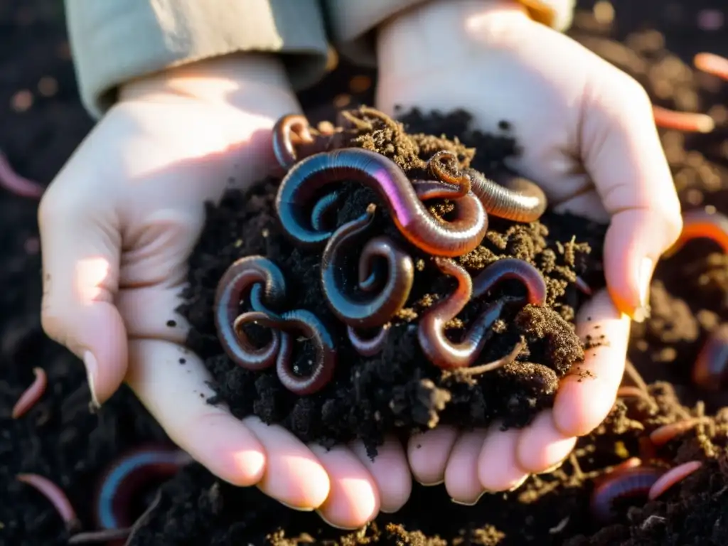 Imagen detallada de lombrices en compost, mostrando un ecosistema vibrante