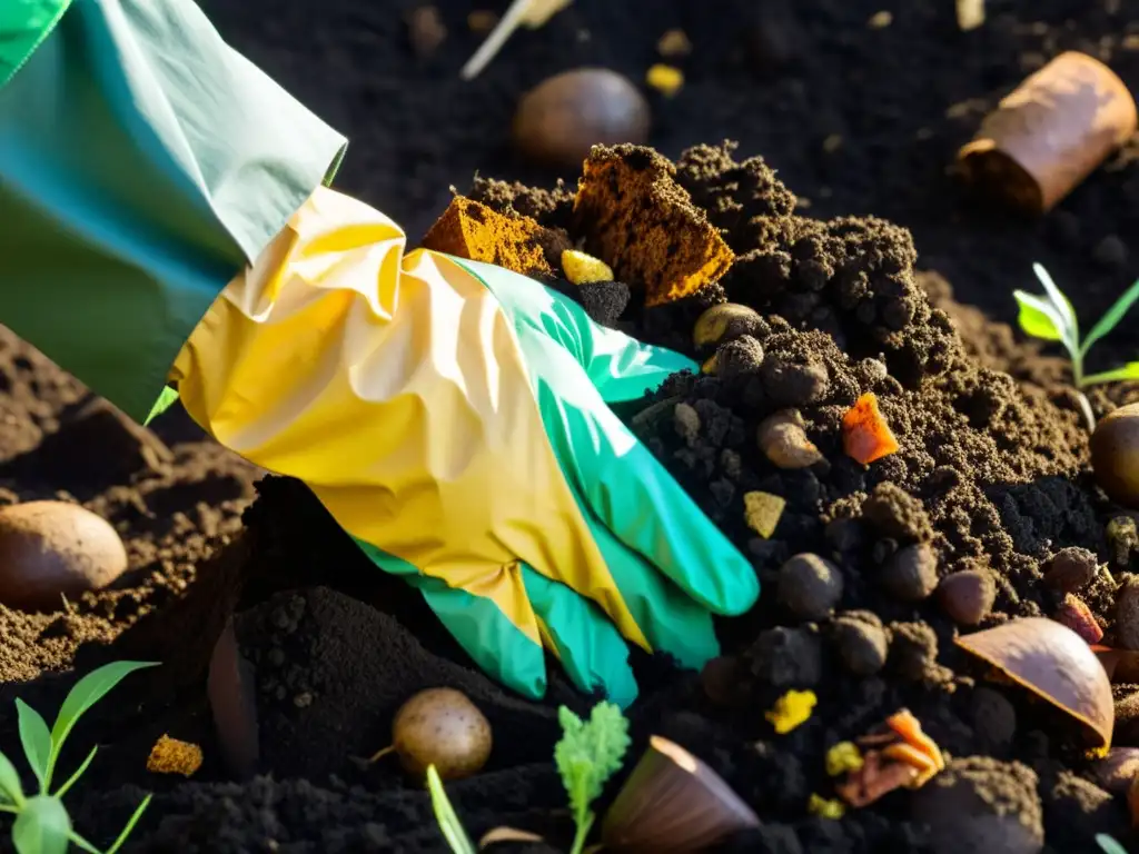 Imagen detallada de una mano girando un montón de compost, con suelo oscuro y materia orgánica en descomposición, mostrando la integración curricular del compostaje sostenible con riqueza y detalle natural