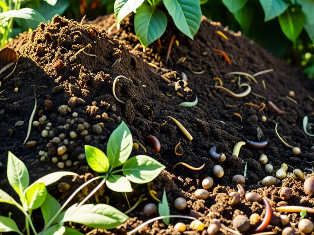 Una imagen detallada de un montón de compost en un jardín hogareño, ilustrando el proceso de descomposición con materiales orgánicos y microorganismos