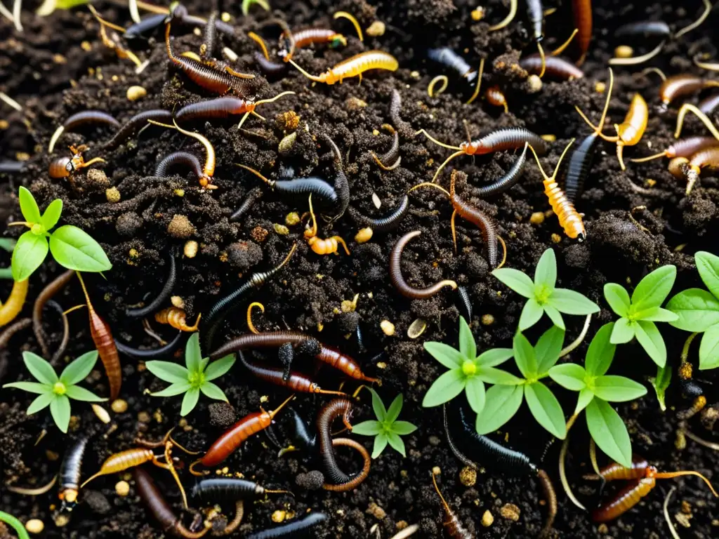 Una imagen detallada de un montón de compost rebosante de vida, con invertebrados descomponiendo materia orgánica en un entorno oscuro y rico