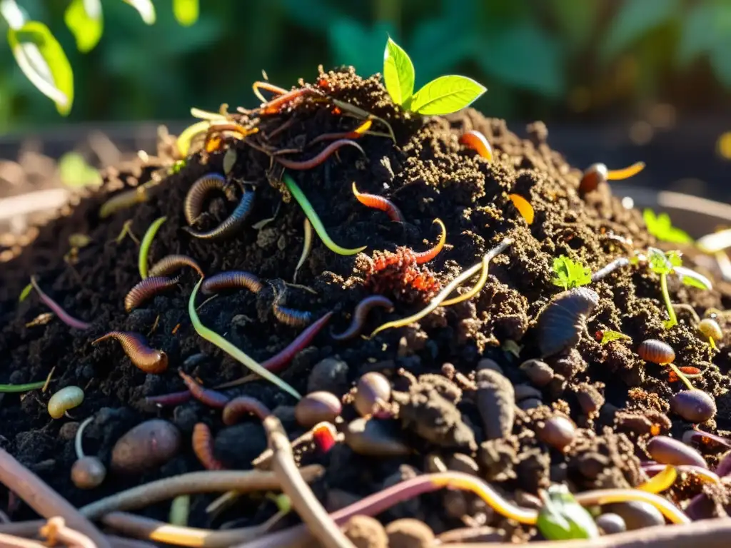 Imagen detallada de un montón de compost vibrante con suelo oscuro y rico, repleto de lombrices y microorganismos