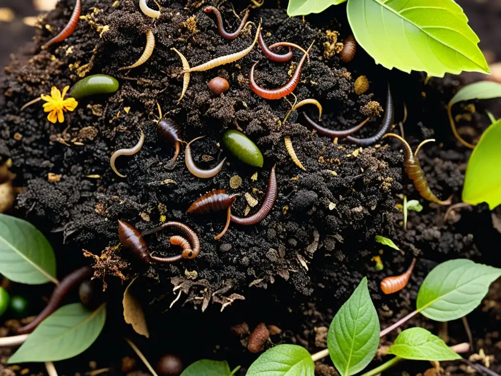 Una imagen detallada de un montón de compost vibrante, mostrando capas de materia orgánica oscura llena de lombrices y microorganismos beneficiosos