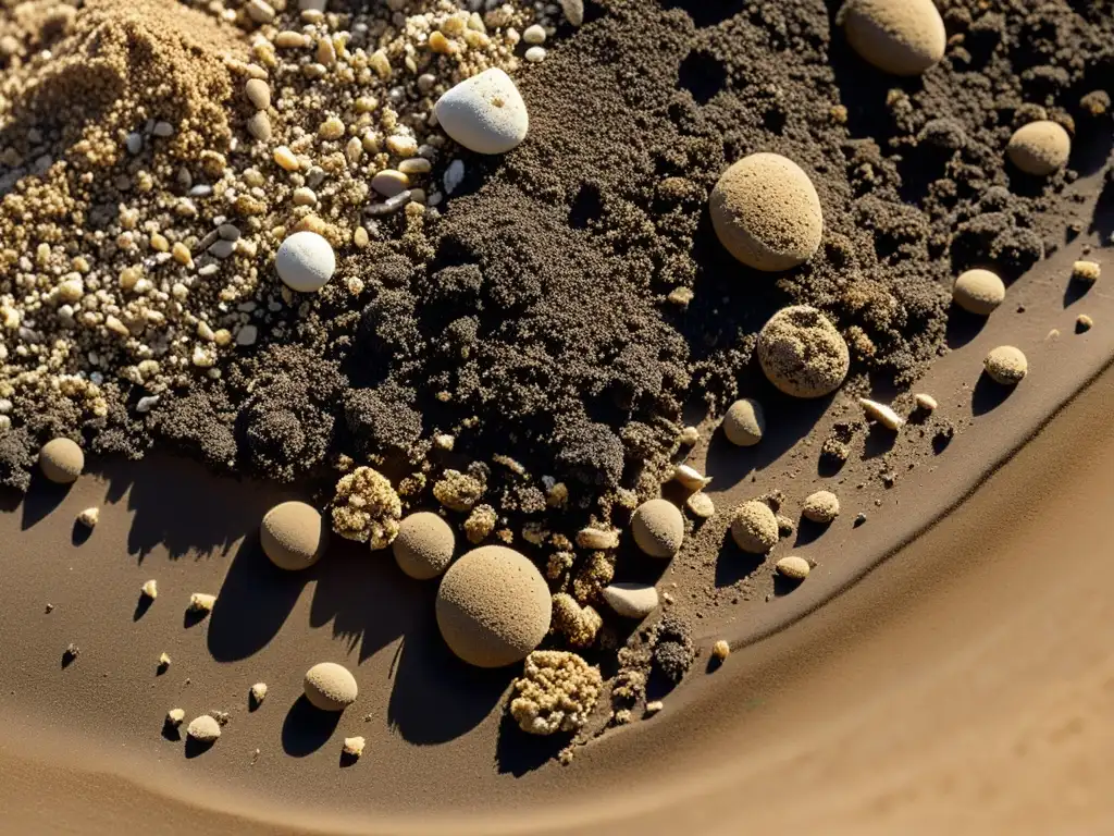 Perfil de suelo arenoso: compostaje natural en detalle Una imagen detallada de un perfil de suelo arenoso con capas de materia orgánica y restos de plantas en descomposición
