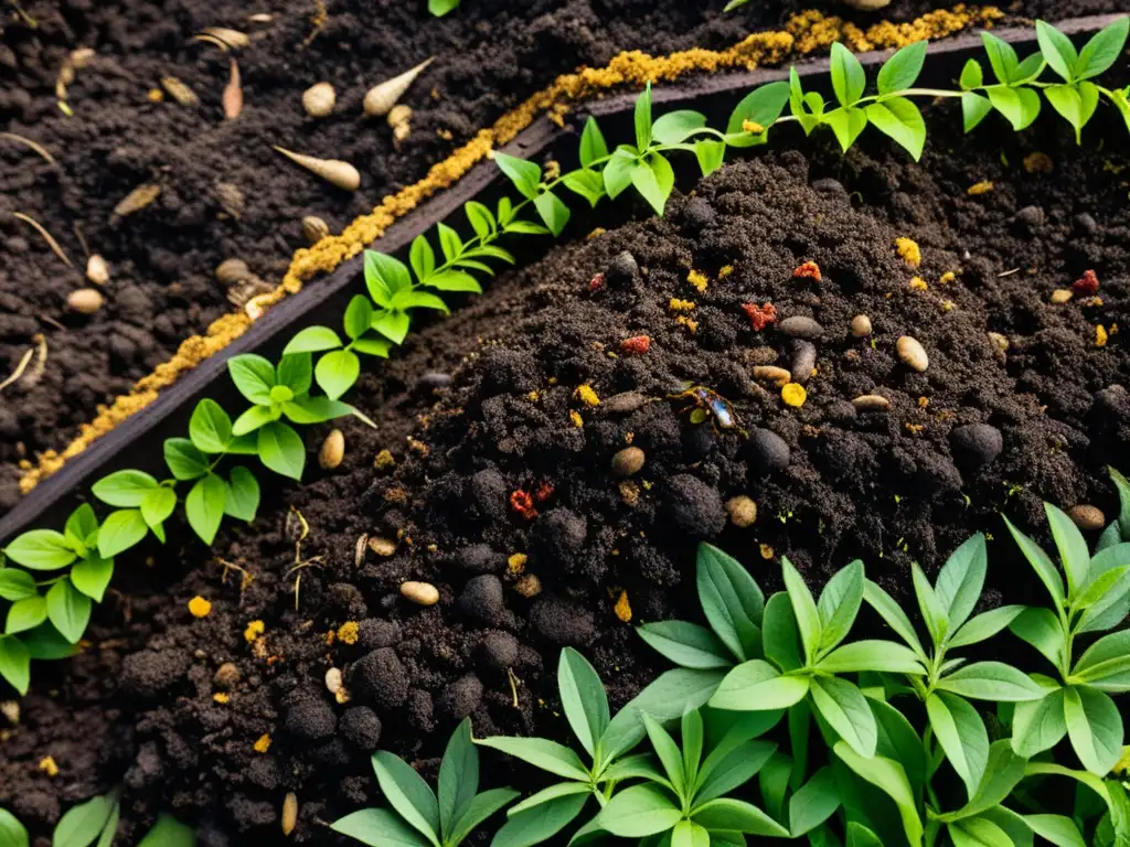 Una imagen detallada de una pila de compost, con capas de desechos orgánicos y tierra