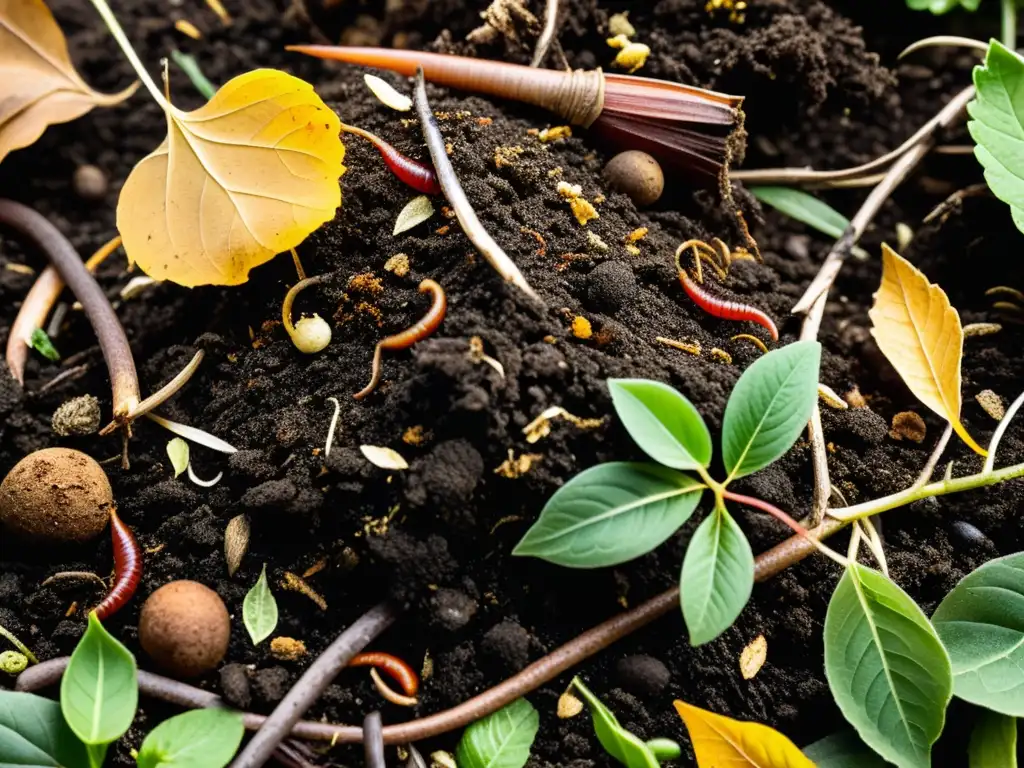 Imagen detallada de una pila de compost, muestra materiales orgánicos descomponiéndose, con tierra oscura en el fondo