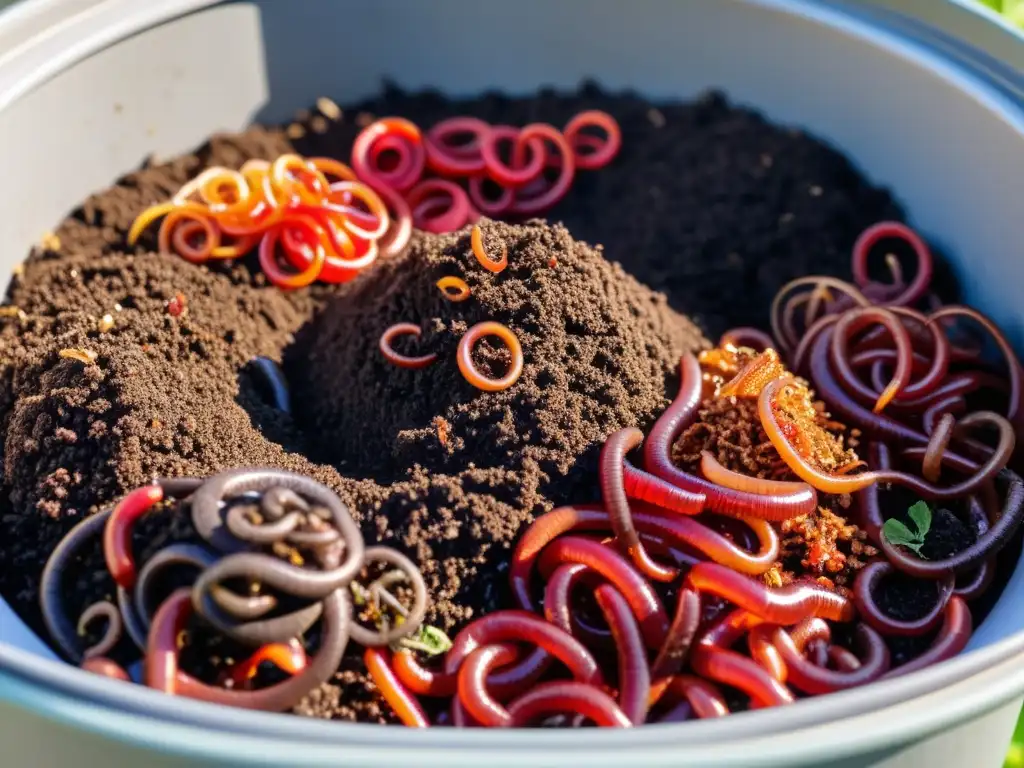 Una imagen detallada de un próspero contenedor de vermicompostaje, con lombrices rojas activas creando compostaje doméstico