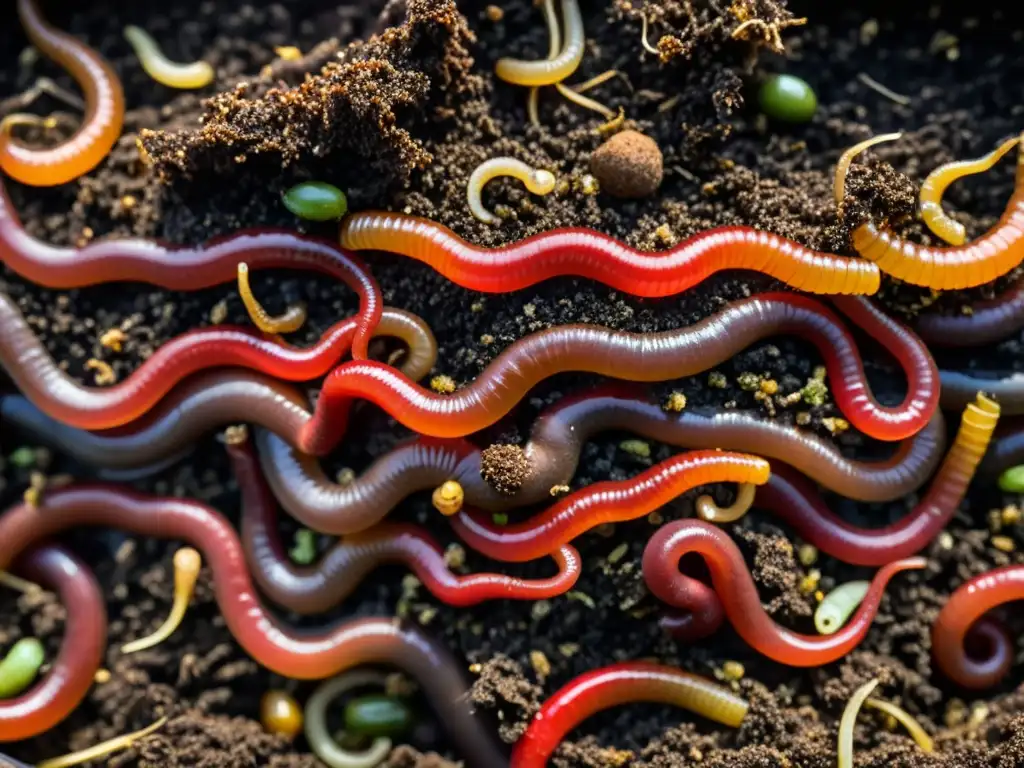 Una imagen detallada de un próspero contenedor de vermicompostaje en casa, con lombrices rojas y compost nutrientes